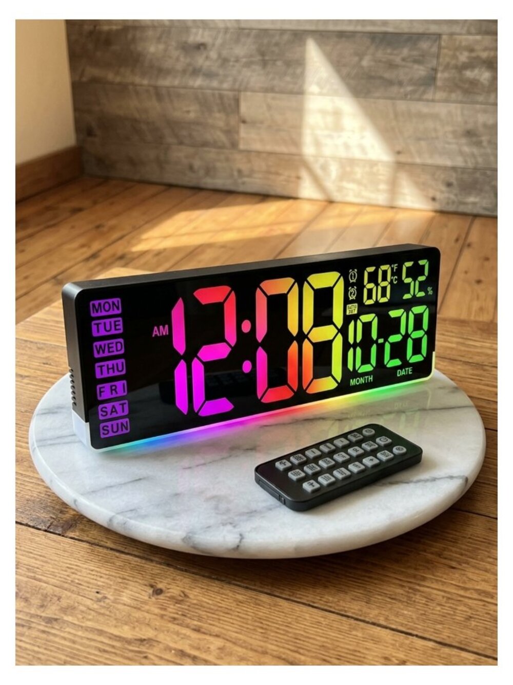 Large Digital Wall Clock LED Display RGB Backlight Dual Alarm Timer Temp